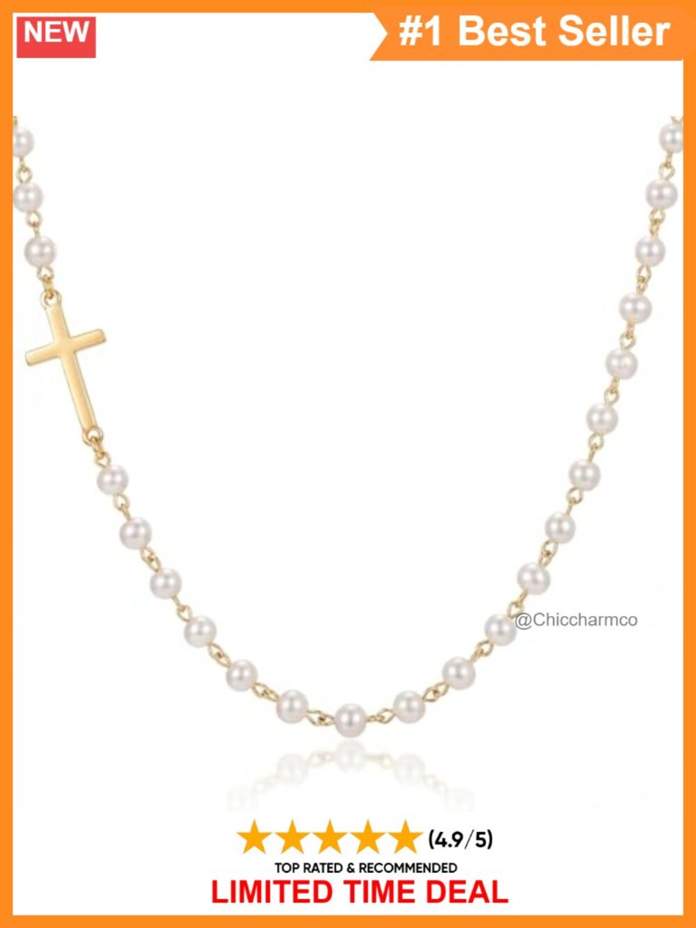 S925 Sterling Silver 18K Gold Plated Sideways Cross Pearl Necklace